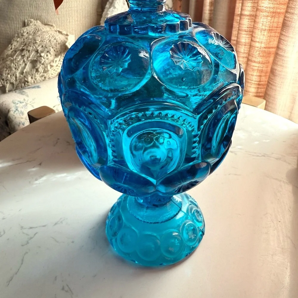 Vintage LE Smith Moon & Stars Blue Glass Candy Dish Compote with Lid - Picture 4 of 7
